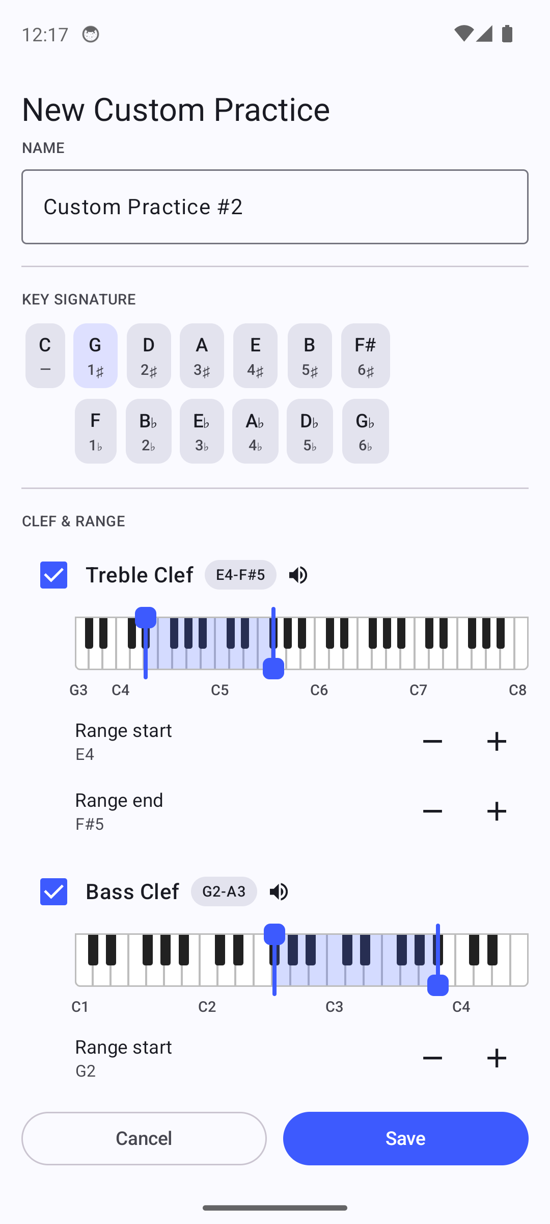 Custom Practice setup, clef and note range